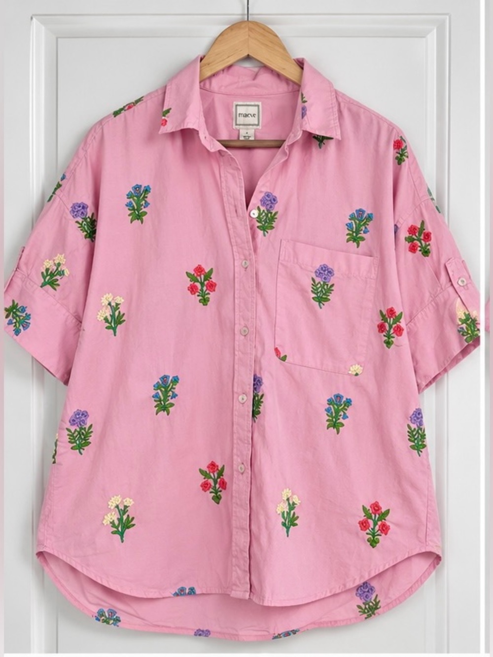 Maeve Anthropologie Pink Embroidered Floral Oversized Button Down Shirt Size 8